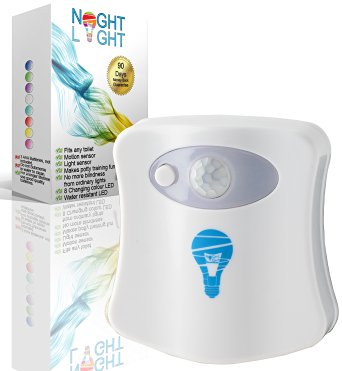 NightLight Toilet Bowl Night Light 8 Color Blue Red Green Aqua Pink Purple Yellow and White Water Resistant LED Motion Sensor Activated Battery Operated Light Sensor Makes Potty Training Fun