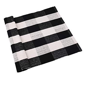 Fasmov Black and White Plaid Rug 100% Cotton Porch Rugs Hand-Woven Buffalo Checkered Doormat 23" x 35.5"