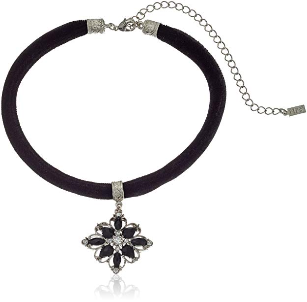 1928 Jewelry Black Velvet and Crystal Drop Pendant Adjustable Choker Necklace, 12"