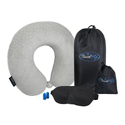 Plush Memory Foam Travel Neck Pillow, Super Light 3D Eye Mask, Travel Bag, Ear Plugs, Grey