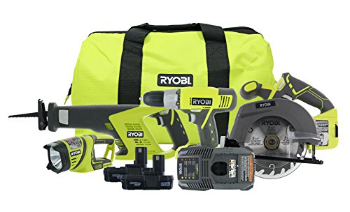 Ryobi P883 One  18V Lithium Ion Cordless Contractor’s Kit (8 Pieces: 1 x P704 Worklight, 1 x P515 Reciprocating Saw, 1 x Circular Saw, 1 x P271 Drill / Driver, 2 x Batteries, 1 x Charger, 1 x Bag)