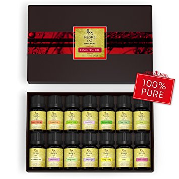 Naska Pure Therapeutic Grade Aromatherapy Essential Oils | Gift Box with 14 Bottles of 10ml each | Makes a Great Gift | Special Bonus 140 Pages E-book "All About Essential Oils"