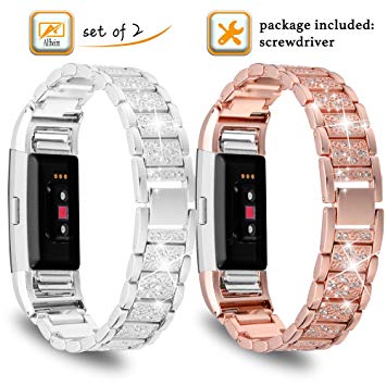 Alfheim Wrist Strap Compatible Fitbit Charge 2 for Women Men, Crystal Stainless Steel with Rhinestone,Fashion Adjustable Replacement Wristband