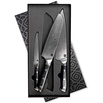 Zelancio Premium 3-Piece Pressed Japanese Steel Knife Set with High Carbon VG-10 Core and 16-Layer Damascus Steel Blades, Razor Sharp Professional Chef Quality with Polished G10 Handles, Black