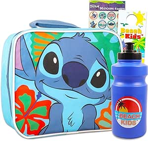 Disney Lilo and Stitch Lunch Box for Girls Set - 4 Pc Bundle with Stitch Lunch Bag Plus Stickers, Reusable Water Bottle, and More | Lilo and Stitch Lunch Bag