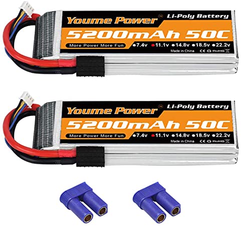 Youme 2 Packs 3S Lipo Battery Pack 5200mAh, 11.1V RC Lipo 50C with TRX and EC5 Connector for Traxxas RC Car,RC Truck,RC Helicopter,RC Boat,Multirotor, Drone (Short)