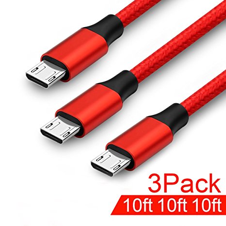 ONSON Micro USB Cable,3Pack 10FT/10FT/10FT Premium Nylon Braided Android Charger USB to Micro USB Charging Cable Samsung Charger Cord for Samsung Galaxy S7 Edge/S7/S6/S4/S3,Note 5/4 (Red)