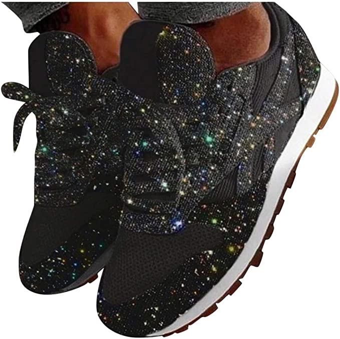 KAIXLIONLY Women's Mesh Sequins Breathable Crystal Bling Lace Up Sport Running Shoes Platform Lace Up Sneakers