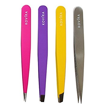 BEST TWEEZERS SET- 4 Tips Professional Stainless Steel Tweezers Set- Slant, Straight & 2 x Pointed -Precision Calibrated with FREE CASE!! Best for Eyebrows, Ingrown and Nose Hair, Splinters By Kovira