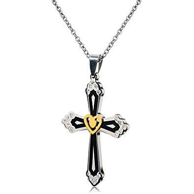 Zolure Cross Pendant and Love Heart Pandant Stainless Steel Necklace for Women