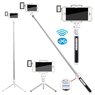 Zonman® Selfie Stick for iPhone 6   Mini Led Light Portable Pocket Spotlight with Built-in Wireless Bluetooth Remote Shutter Metals Rod 4 Mode Adjustable Phone Holder for iPhone 6 iPhone 6 Plus 5 5s Samsung Galaxy S4 S5 Android(Black-1)