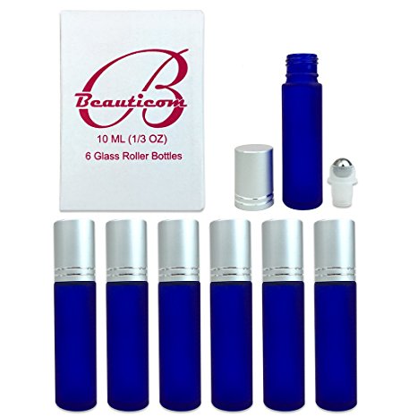 Beauticom Glass 10ml ~ 1/3 oz Roller Bottles with Metal Cap, Stainless Steel Roll Balls for Essential Oil, Aromatherapy, Perfume, Lip Gloss, Lip Balm, Roll on Bottles (30, FROSTED BLUE)