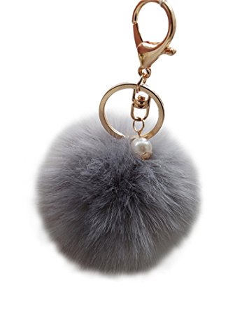 Faux Fur Ball Charm Key Chain with Artificial Pearl for Key Ring or Bag, Grey