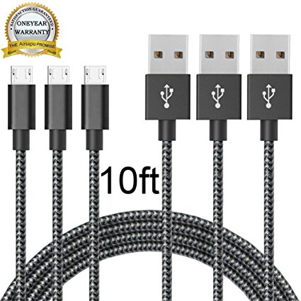 Micro USB Cable,Airsspu 3Pack 10FT Extra Long Premium Nylon Braided High Speed USB to Micro USB Charging Cord Android Fast Charger for Samsung Galaxy S7/S6/S5/Edge,Note 5/4/3,HTC,LG(Black White)
