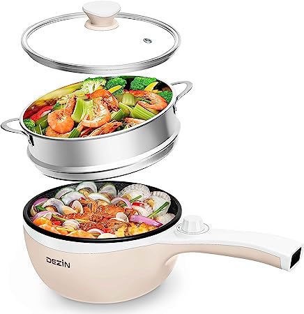 Dezin Electric Hot Pot Upgraded, Non-Stick Sauté Pan, Rapid Noodles Cooker, 1.5L Mini Pot for Steak, Egg, Fried Rice, Ramen, Oatmeal, Soup with Power Adjustment (Egg Rack Included)