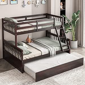 Giantex Twin Over Full Bunk Bed with Trundle, Solid Wood Bunk Bed with Ladder and Guardrails, Convertible to 2 Beds, Triple Bunk Beds for Kids Teens Adults, No Box Spring Needed, Espresso