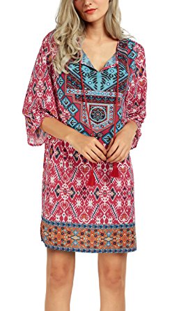 Urban CoCo Women Bohemian Neck Tie Vintage Printed Ethnic Style Summer Shift Dress