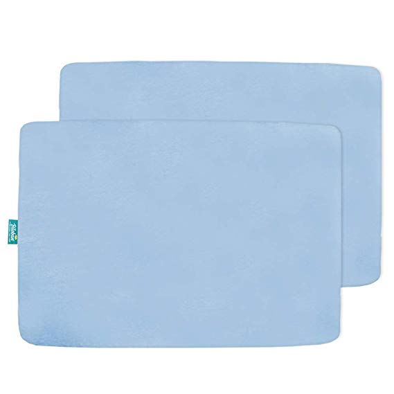 Waterproof Pack N Play Fitted Sheets, 100% Organic Cotton Pack N Play Sheets, 2 Pack Portable Playard/Mini Crib Sheets, Ultra Soft, Light Blue, Pre-Shrink, Bag Packaging