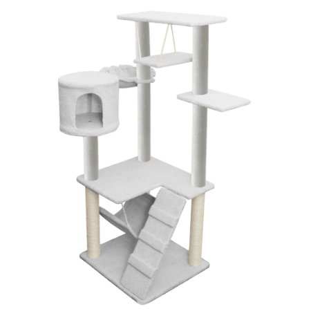 Cat Tree for Cats - Deluxe Condo Furniture Multi-level Tower with Scratching Post and Toys - 22"W x 54"H x 20"D - White