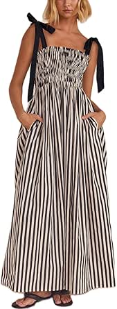 Women Summer Colorful Striped Maxi Cami Dress Spaghetti Strap Boho Long Flowy Sun Dresses A Line Beach Sundresses