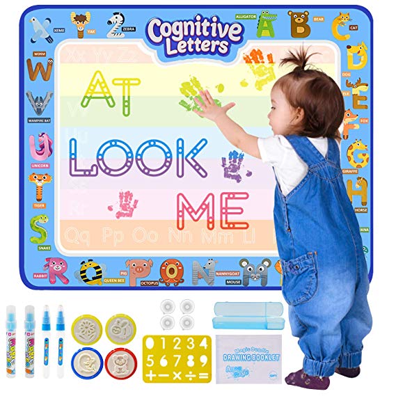 Ulvench Water Drawing Aqua Magic Doodle Mat, Mess Free Coloring Painting Educational Writing Mats with Suckers & Magic Pens for Toddlers Preschool Boys Girls (Alphabet Theme)