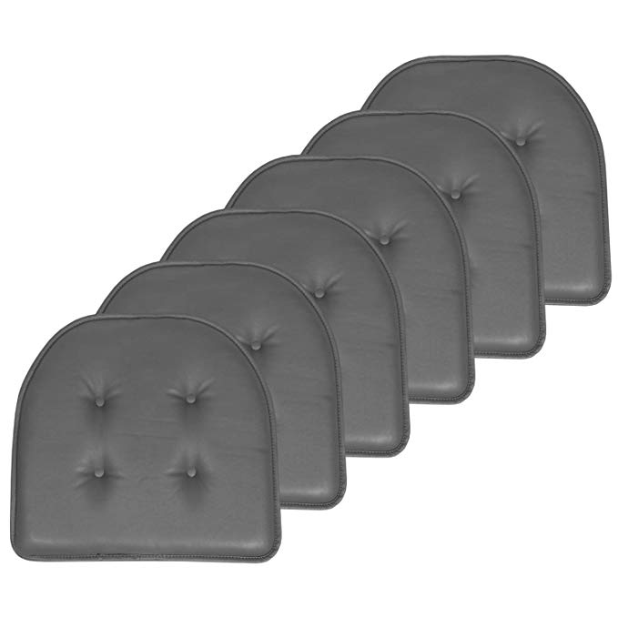 Sweet Home Collection Chair Cushion Memory Foam Pads Upholstered Tufted U Shaped Non-Slip Back 17" x 16" Seat Cover, 6 Pack, Faux Leather Gray