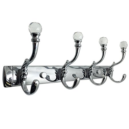 Coat Rack Hat Rail with Crystal Ball Ends, Yashi, Wall Mount Stainless Steel Heavy Duty Hook (4 Hooks)