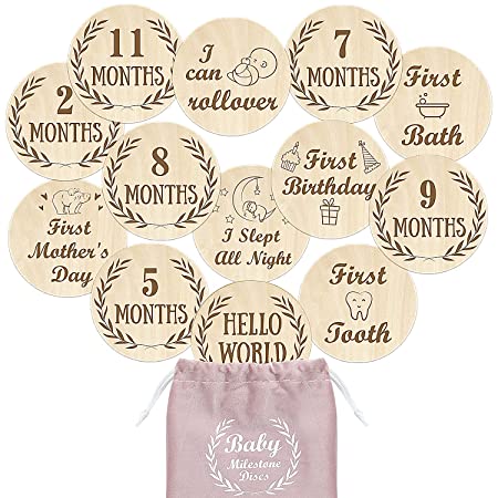 Baby Milestone Cards Wooden Monthly Cards and Infant Firsts Double Sided Engraved Photo Prop Discs,Gift Sets for Baby Shower and Newborn,Set of 13 Come with Velvet Gift Bag (Upgrade Round)