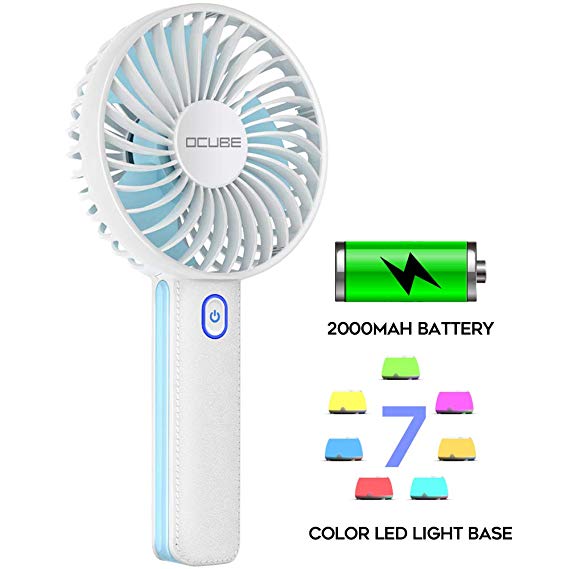 OCUBE Handheld Fan, Mini Hand Held Fan with 7 Color LED Light Base, 2000mAh Battery Operated USB Rechargeable Desk Fan, 3 Speeds Electric Portable Personal Cooling Fan for Home Office Travel (Blue)