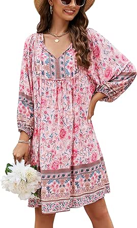 Bluetime Women Casual Summer Dress Boho V Neck 3/4 Sleeve Short Babydoll Floral Print Flowy Beach Dresses