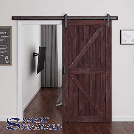 SMARTSTANDARD 42in x 84in Sliding Barn Door with 8ft Barn Door Hardware Kit & Handle, Pre-Drilled Ready to Assemble, DIY Unfinished Solid Cypress Wood Panelled Slab, K-Frame, Coffee