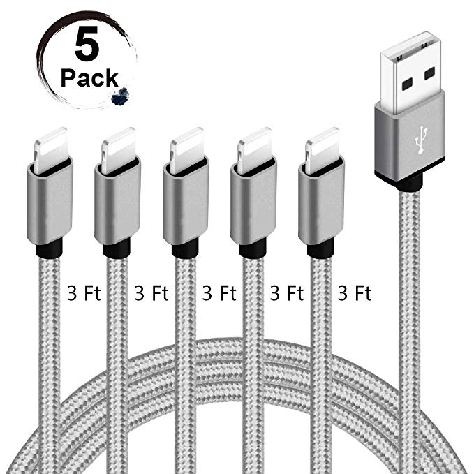 Live2Pedal Fast iPhone Charger Cable 5 Pack 3Feet Lightning Cable, Nylon Braided USB Charging & Syncing Cord Compatible with iPhone 11 ProMax/11PRO/11/XS Max/XR/X/8/Plus/7/Plus/6/6Plus