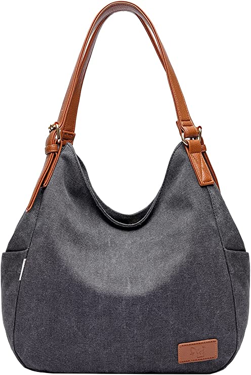 Worldlyda Women Canvas Hobo Purse Multi Pocket Tote Casual Top Handle handbag Shopper Shoulder Bag