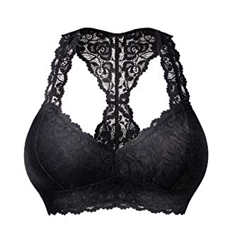 Rolewpy Women's Sexy Lace Bra Removable Padded Racerback Breathable Bralette Bustier Sports Bras