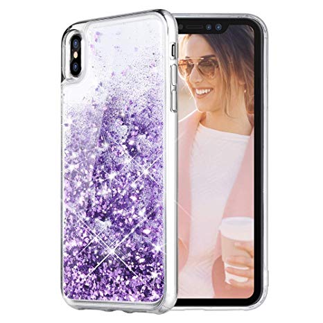 Caka iPhone Xs Max Case, iPhone Xs Max Glitter Case [with Tempered Glass Screen Protector] Bling Flowing Floating Luxury Glitter Sparkle TPU Bumper Liquid Case for iPhone Xs Max (6.5") - (Purple)