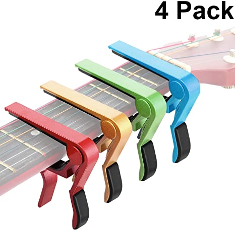 4 Pieces Guitar Capo Aluminum Metal Universal, Acoustic and Classical Electric Guitars, Bass, Banjo, Violin, Mandolin, Ukulele All Types Lightweight String Instrument (Gold, Red, Green, Blue)