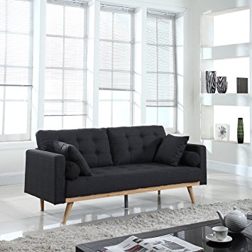 Mid-Century Modern Tufted Linen Fabric Sofa (Dark Grey)