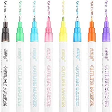 Double Line Outline Pen Metallic Markers for Gift Card Writing Drawing Creative Art Marker Double Line Pen Light Color Fluorescent Markers art supplies stationery, 8 colors (Color-B)