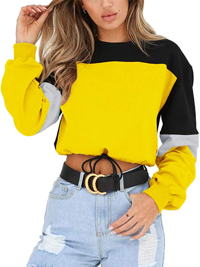 Angashion Womens Sweatshirt-Long Sleeve Drawstring Hem Color Block Crop Top Pullover Tops