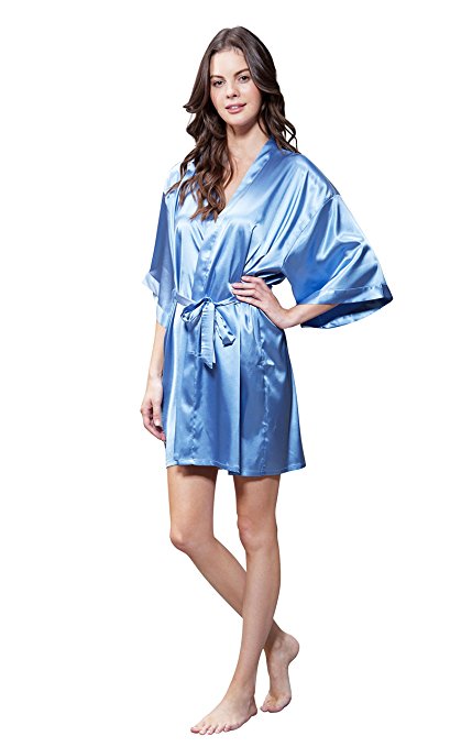 Turquaz Linen Women's Pure Color Satin Short Kimono Bridesmaids Lingerie Robes