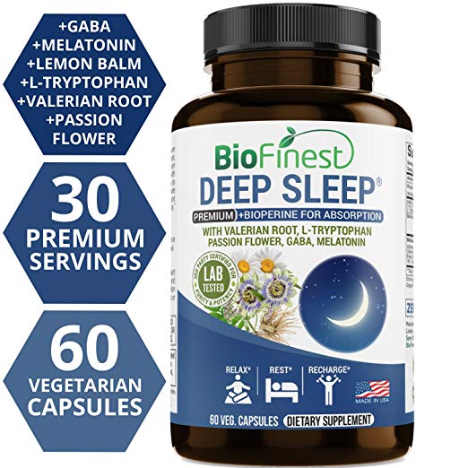 Biofinest Deep Sleep Formula - with Melatonin Lemon Balm Valerian Root L-Tryptophan GABA - Natural Herbal Supplements for Better Sleeping - Jet Lag Restless Insomnia Symptoms (60 Vegetarian Capsules)