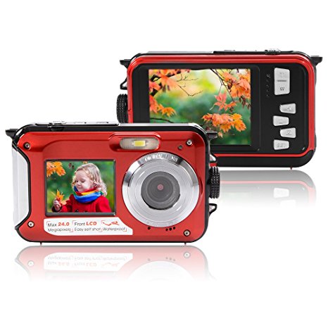 XCSOURCE FHD 1080P Double Screens Waterproof Digital Camera with 2.7-Inch   1.8-Inch Dual LCD Easy Self Shot Camera (Red) LF747