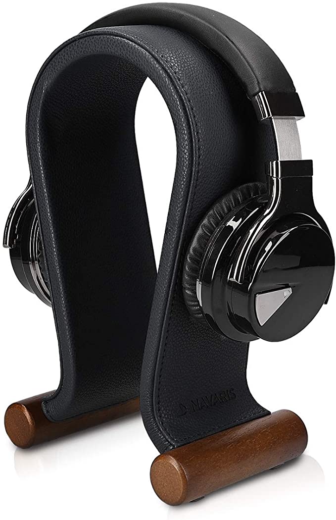 Navaris Omega Headphone Stand - Synthetic Leather Headset Hanger with Wood Base - Holder for Wired, Wireless, Gaming, DJ, Studio Headphones - Black