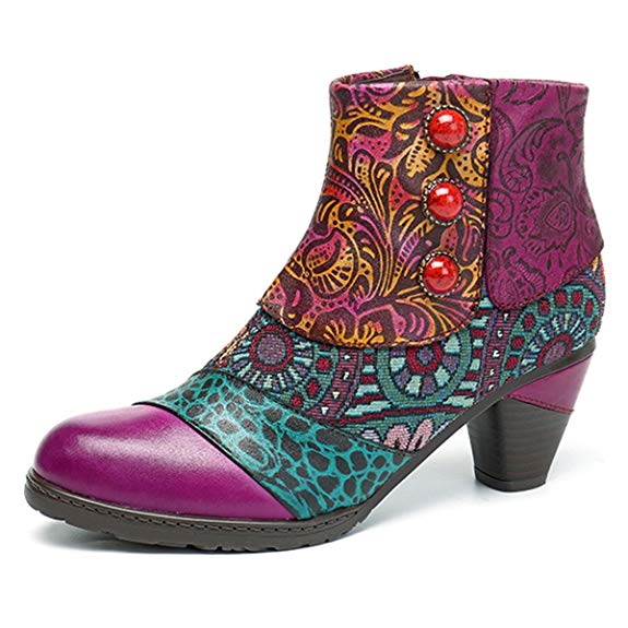 Socofy Block Heel Ankle Booties,Women's Bohemian Splicing Pattern Side Zipper High Block Heel Ankle Leather Boots