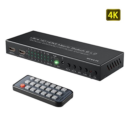 HDMI Matrix Switch, NOVETE 6 x 2 HD 4K HDMI Switcher with PIP, ARC, Audio Extractor Function, 3D, SPDIF or 3.5mm Audio Output Supported