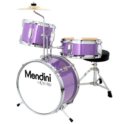Mendini by Cecilio 13 Inch 3-Piece Kids / Junior Drum Set with Adjustable Throne, Cymbal, Pedal & Drumsticks, Metallic Purple, MJDS-1-PL
