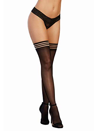 Dreamgirl Women's Sheer Thigh High Stockings with Striped Elastic Top, black, One Size