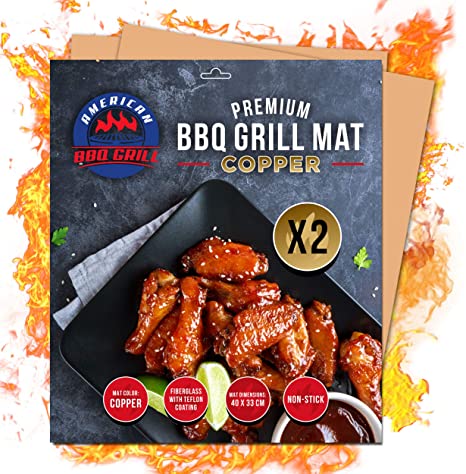 American BBQ Grill Copper Mat - Set of 2 Non Stick Heavy Duty Grilling Mats - Perfect Barbecue Accessories - Reusable, 100% Safe and Easy to Clean - Suitable for All Grill Types - 10 Year Warranty