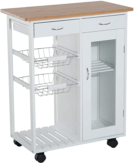 HOMCOM Carro de Cocina Carrito de Servir Multiusos Estantería Carrito Auxiliar con Ruedas para Baño Dormitorio con Estantes Cestas Cajones 70x37x85cm Madera