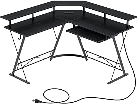 Rolanstar Computer Desk L-Shaped with Power Outlet and USB Port, 54" x 54" Corner Gaming Desk with Monitor Stand and Keyboard Tray, Home Office Desk with Hook, Black